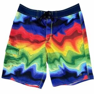OP Men’s Psychedelic Rainbow Board Shorts Neon Y2K Colorful Swim Trunks Size 34